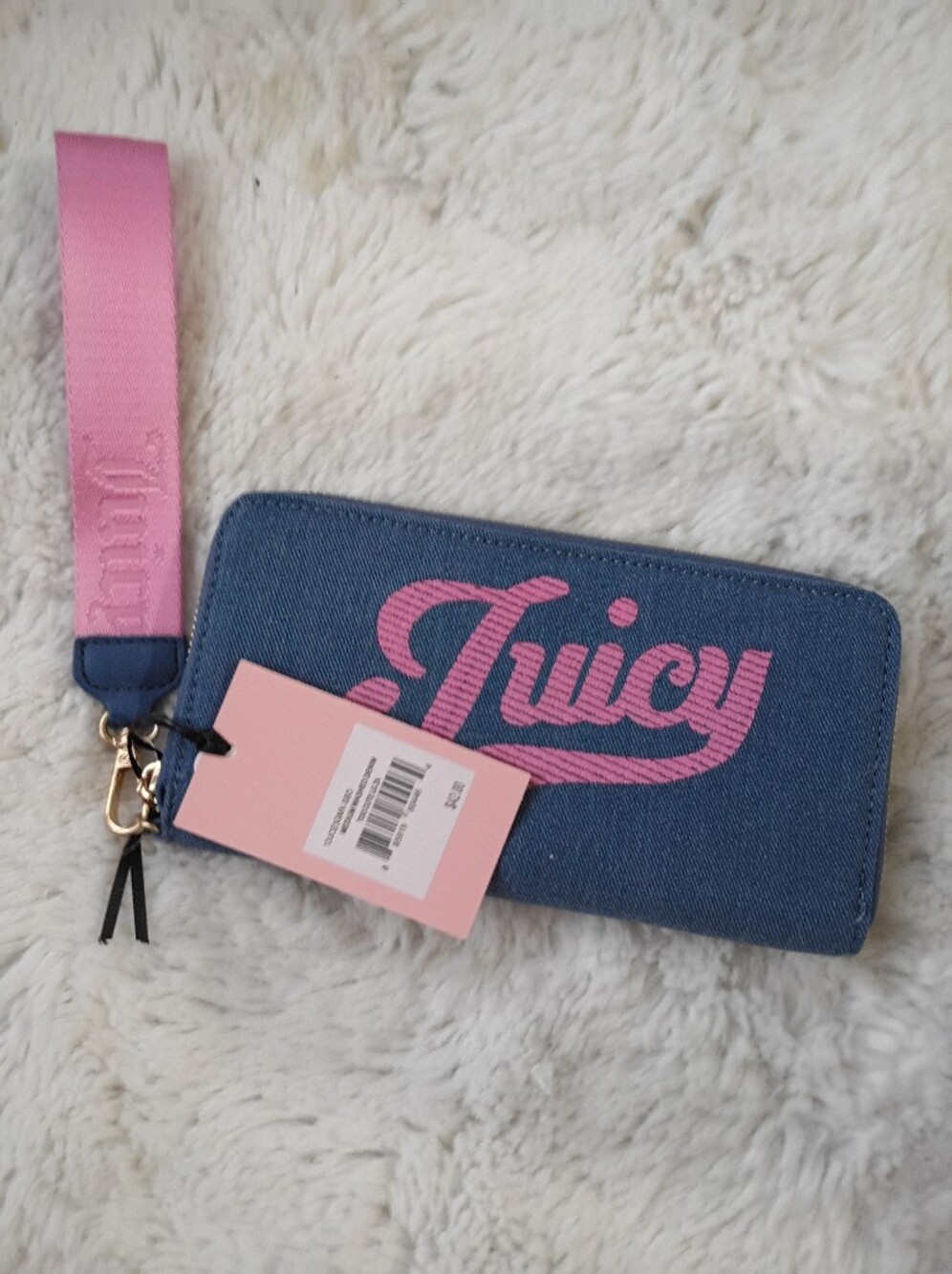 Juicy Couture Denim Zip-Around Wallet with Pink Logo & Strap